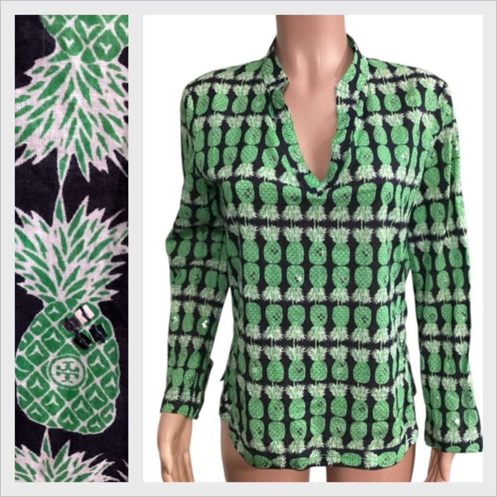 Tory Burch NWOT Pineapple Fruit Print Top Lightweight Sequins Size 10